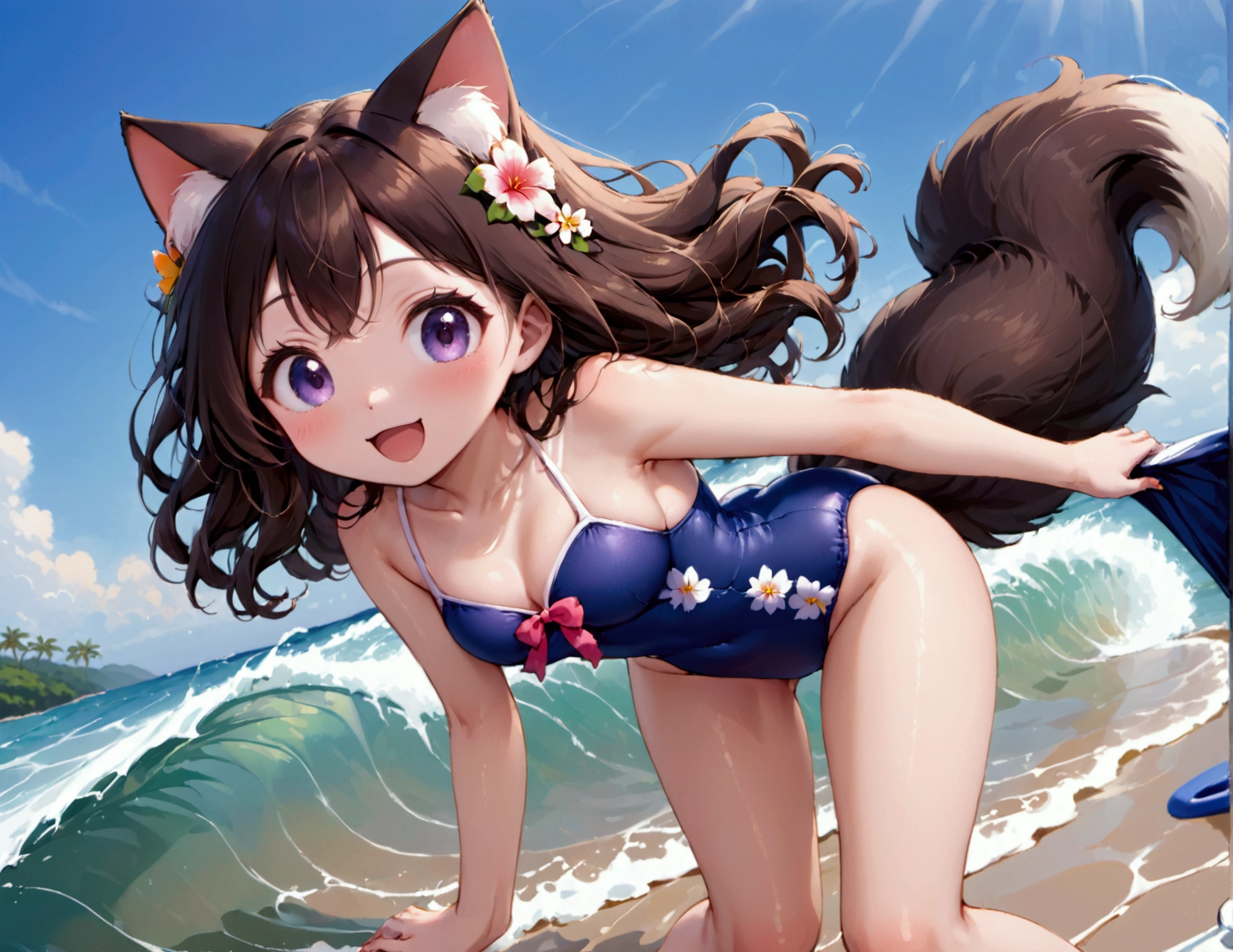 (Xiaorou SeeU, age 20, is an adorable sexy cat woman, big eyes, cute swimsuit, fluffy tail), she is surfing on small waves, super cute, so excited, show her from head to toe, hawaii