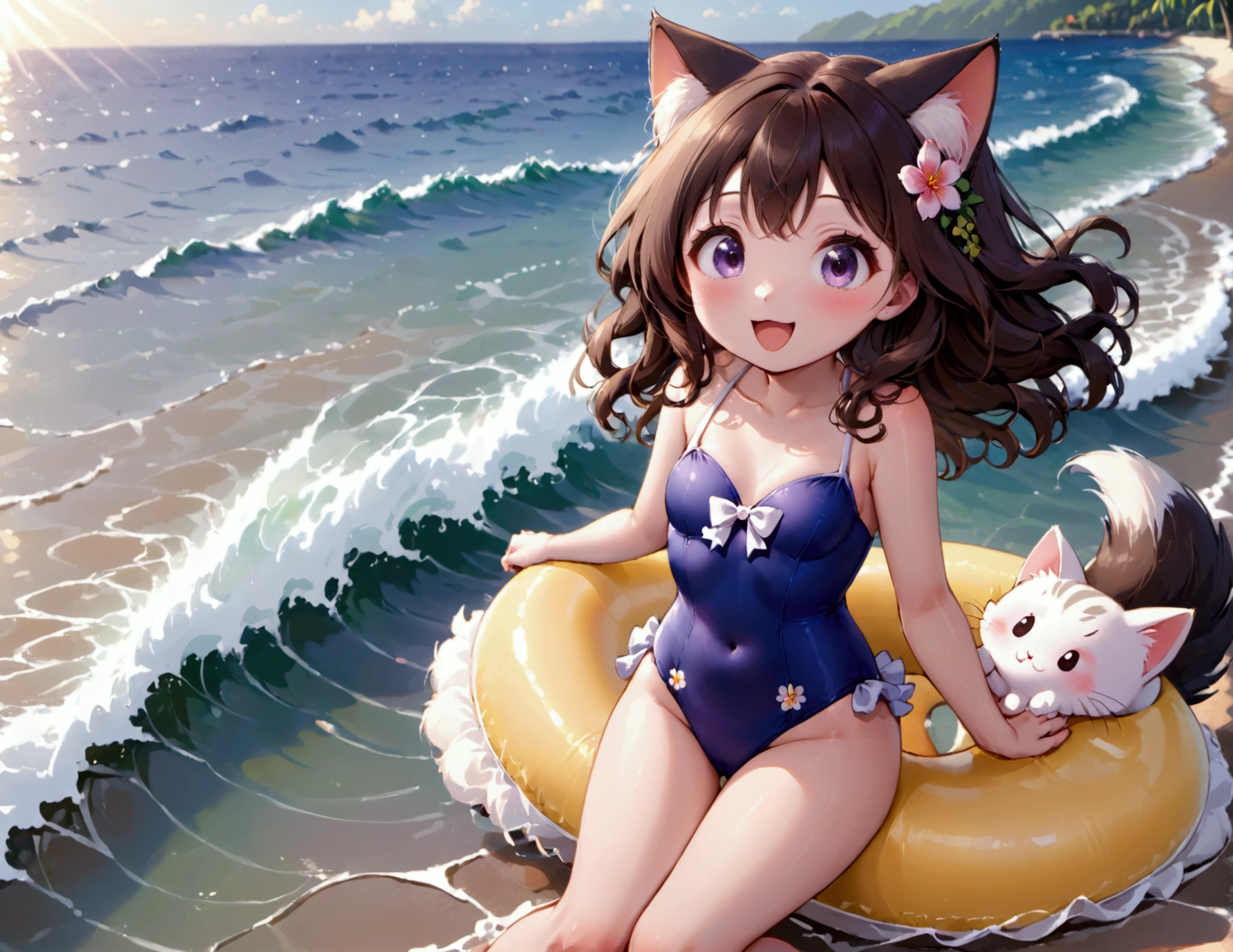 (Xiaorou SeeU, age 20, is an adorable sexy cat woman, big eyes, cute swimsuit, fluffy tail), she is surfing on small waves, super cute, so excited, show her from head to toe, hawaii