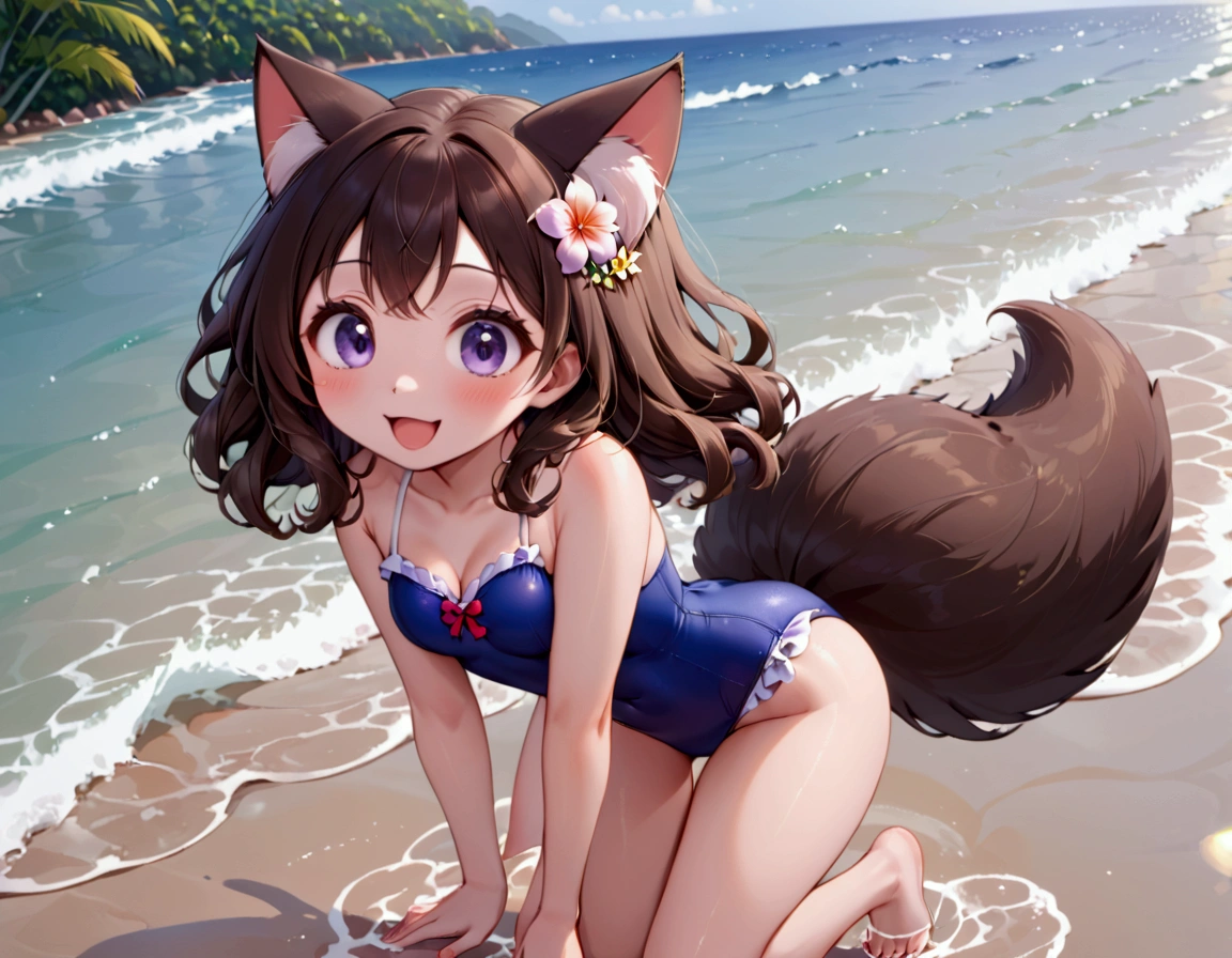 (Xiaorou SeeU, age 20, is an adorable sexy cat woman, big eyes, cute swimsuit, fluffy tail), she is surfing on small waves, super cute, so excited, show her from head to toe, hawaii