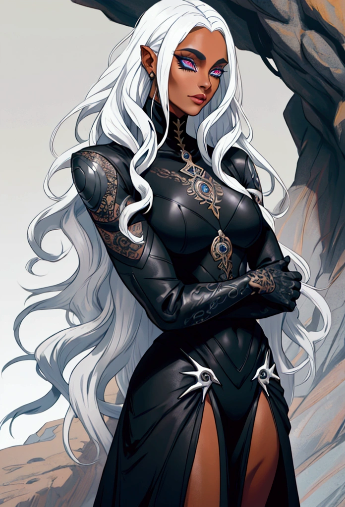 Hole body, black clothing, Futuristic drag queen clothing ideas, futuristic goth, tan lattin skin, ultra detailed, long curly white hair, sculpture hair, medieval, targaryen, cave, pose