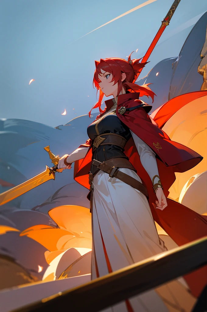 Highest quality, masterpiece, High resolution, alone, （Fire emblem‗Minerva），（Fire emblem），Evening sky_background，Young Girl，（red_Hair Color）, 4K, masterpiece,， alone, 1,whole body，looking at the camera, （red_coat）Sharp Eyes，（Long Spear）（Full Finger）, （Accurate fingertips）, （The finer details）, （Anatomically correct）, (Movie background), Hyper Detail, (Subtle details), (Intricate details)
