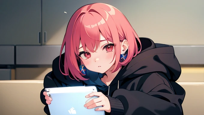 masterpiece、Highest quality、One girl、Upper Body、short hair、Hair with a single color、Vampire wind、Sad expression、blush、Close your mouth、Stylish earrings、Ring Accessories、Wear a hoodie、Put on the hood、Put your hands on your face、I can't see my hands、Spider Pattern Background