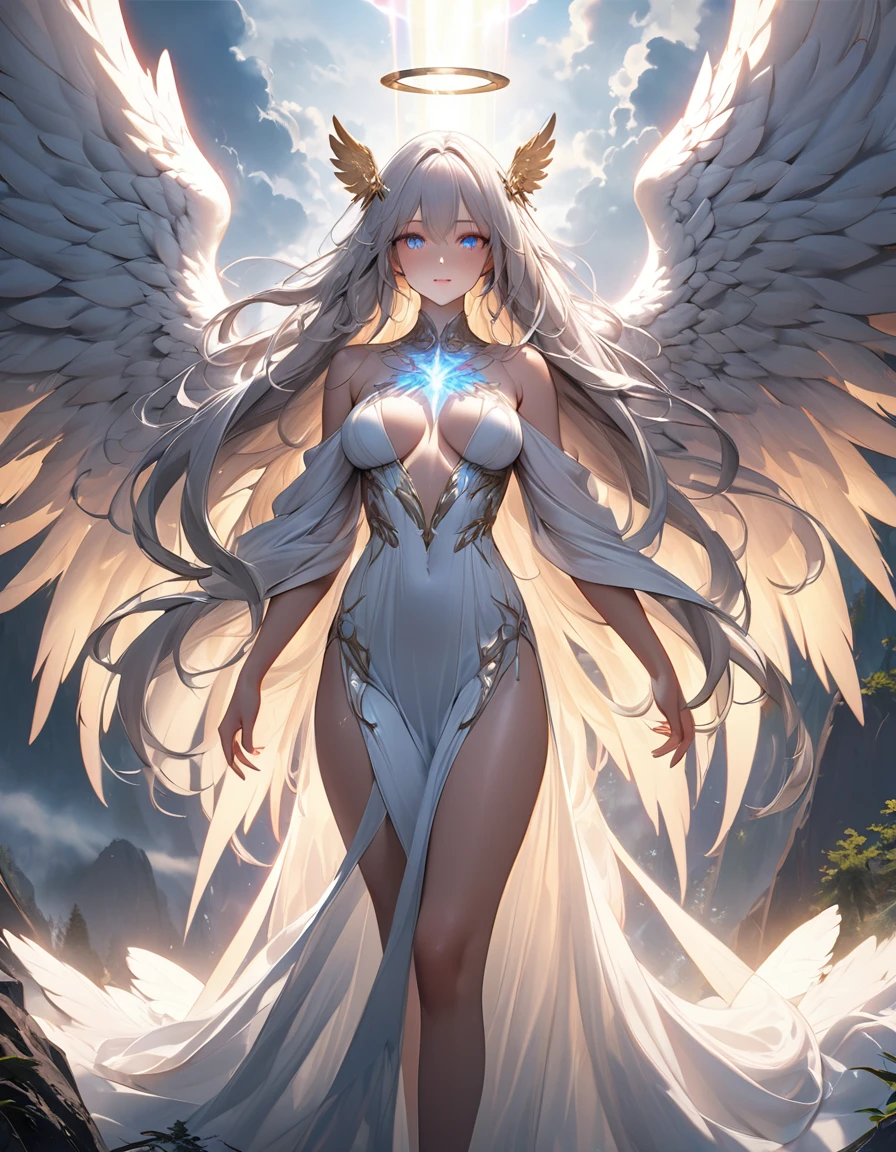 masterpiece, Highest quality, Ultra-realistic, Ultra-detailed, 8k resolution, Angel with aura、Shining Eyes、Luminous long hair、（（Enormous heavy wings that embrace the body））、wilderness、cloudy、