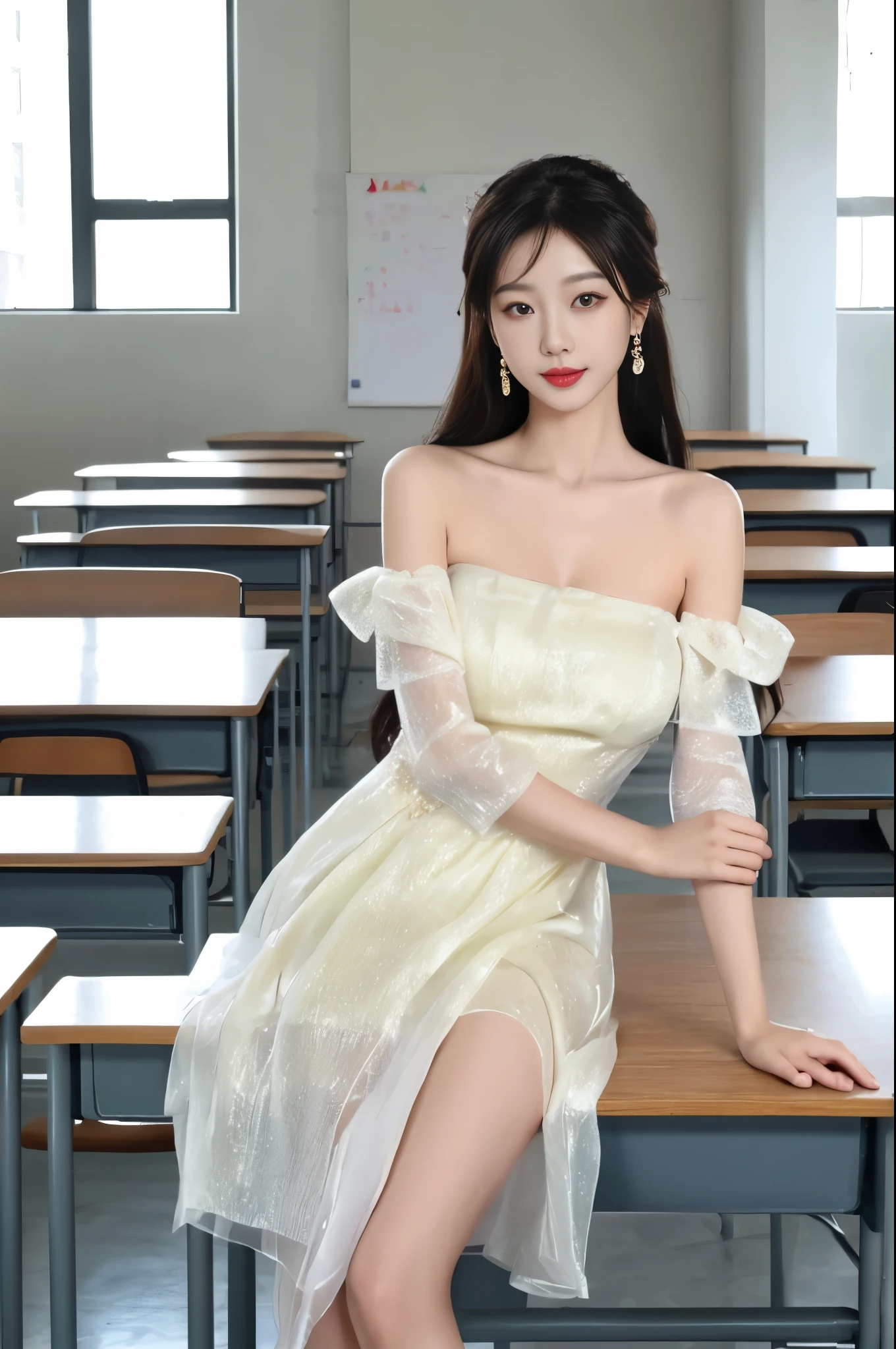 guqinghan, jrys, high heels,bare shoulders, see-through, jewelry,strapless, collarbone, bracelet, off shoulder,earrings, bow,cleavage, tube dress, strapless dress, Asian beauty model，Long flowing hair，Wear smart casual clothing，Sitting on a tidy desk，Elegant posture，Nice and properly positioned legs。Sunlight comes in through the windows，Soft light，Reflected on her face，Creates a warm and harmonious atmosphere。Background with neat blackboard，The classroom is clean and tidy，There are several paintings full of childlike fun on the wall。The look is natural，The surrounding environment appears bright and warm，The overall picture gives people a sense of tranquility and vitality。