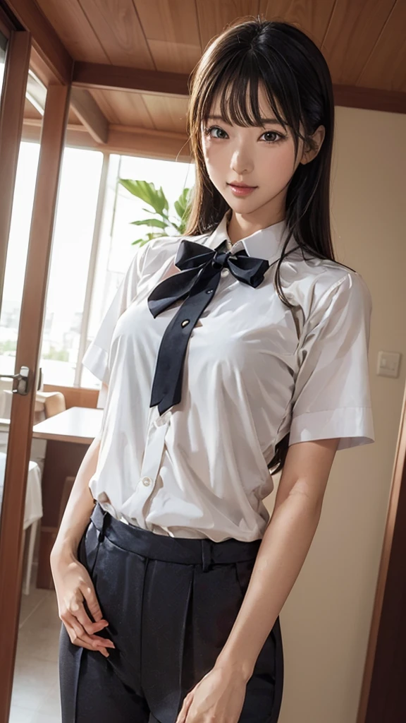 masterpiece, Highest quality, Very detailed, shape, Great lighting, Structure of the film, Isoscale, One Girl, alone, cute, Brown eyes, Black Hair, Swept-apart bangs, one side lock, Red Hair Clip, White collared shirt, Black tie, Black Mini Skirt, formal, Captivating Gaze, Seductive pose, indoors, office, door, opening door, View your audience, Show one&#39;Upper Body, blush, Captivating smile, Mouth closed,(8k:1.1),