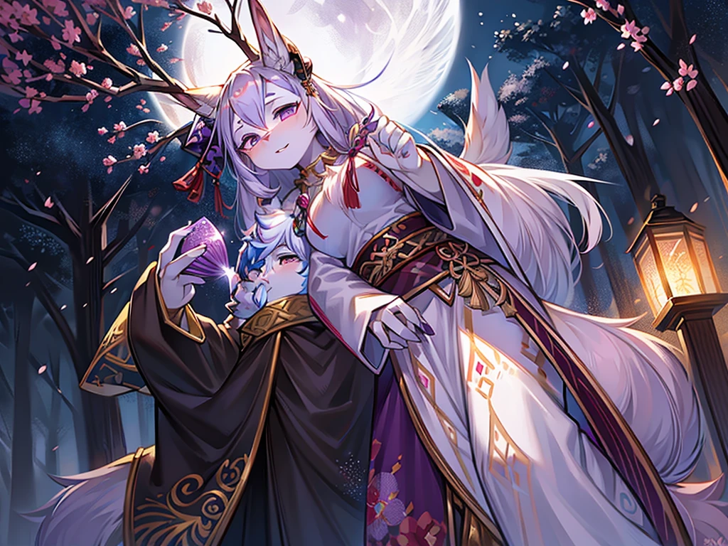 1girl, (high quality:1.2), (ultra detailed:1.2), ((absurdres)), (masterpiece), from side, CG, kaia, cute face, perfect body, white hair, very long hair, orange eyes, two-tone hair, hair ornament, fox ears, fox tail, multiple tails, hanfu, winter hanfu, Cloak, open mouth, smile, sitting, Reach out to catch the snowflakes, looking up, night, snowing, snowflake, snow, Torii gate, stone steps, shrine architecture, Comfortable tones,