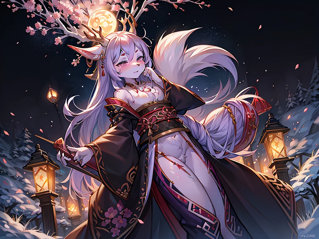 Deer antlers. Onmyoji style animation. Bright particles. There is a pair of white wings behind the bright moon. Ink style. Plum blossom forest. Holding a fan in hand. Fluffy snow-white tail. Furry art, Furry Fantasy Art

