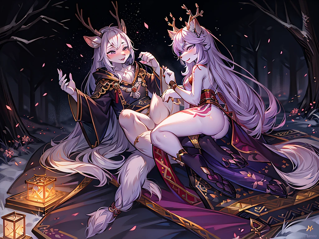 Deer antlers. Onmyoji style animation. Bright particles. There is a pair of white wings behind the bright moon. Ink style. Plum blossom forest. Holding a fan in hand. Fluffy snow-white tail. Furry art, Furry Fantasy Art

