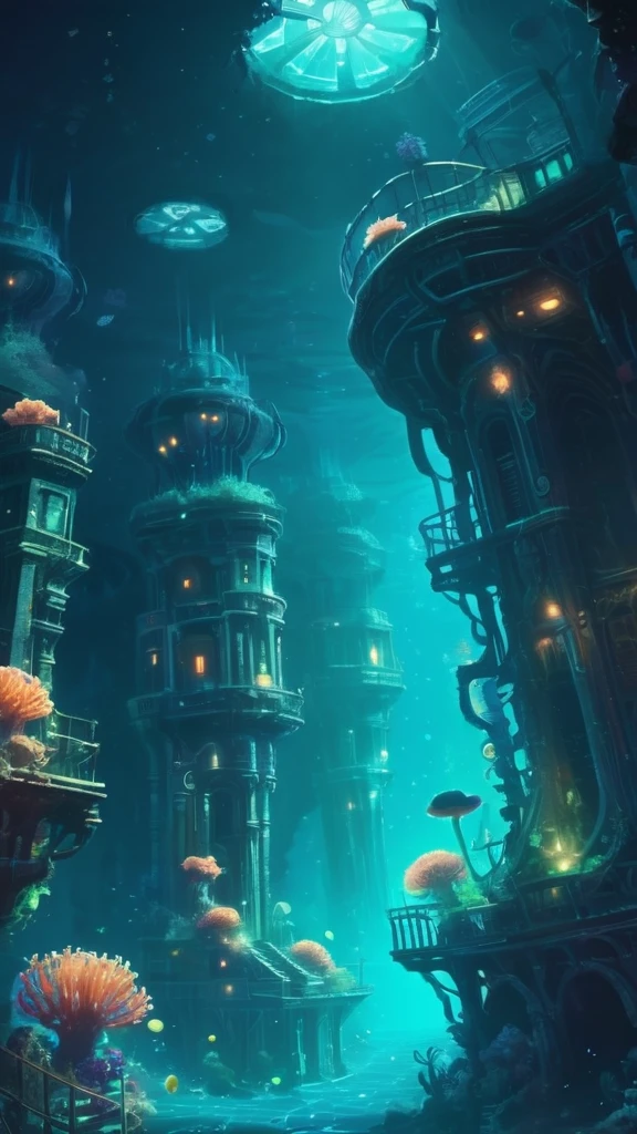 concept art An image of a hauntingly beautiful underwater city, its abandoned structures covered in bioluminescent corals and anemones. The soft glow contrasts starkly with the encroaching darkness of the deep sea. . digital artwork, illustrative, painterly, matte painting, highly detailed