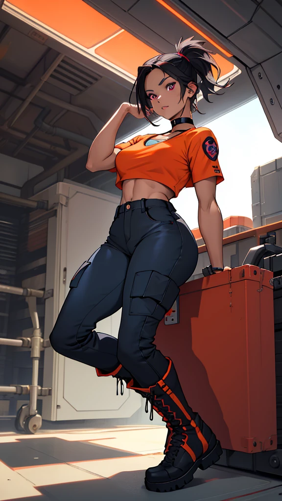 masterpiece, best quality, a professional erotic portrait photograph with vivid colors of a muscular colombian woman with undercut side-parted orange hair wearing streetwear cropped shirt and short shorts, showcasing underboob, sitting on a bench in a public park with wide spread legs, looking down at viewer, naughty smile, (from below)