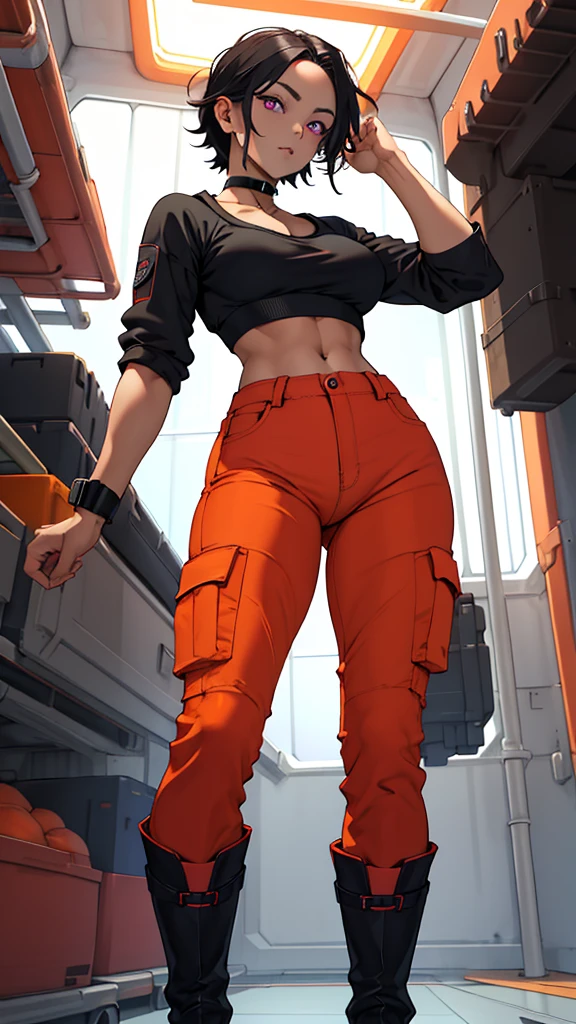 masterpiece, best quality, highres, ((fit waifu:1.3)), plump medium breasts, tan girl, magenta eyes, black hair, (black choker), (orange croptop), (formfitted blue pants), (formfitted boots), chilling in spaceship cargo bay.