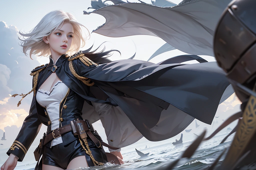 (masterpiece, best quality,ultra detailed,realistic,dutch angle).(1 girl, solo focus),(small breasts, short hair, white hair),(army uniform, open front, cleavage, Exposed abdomen, heavy armed girl),(floating hair, wind).(outdoors)