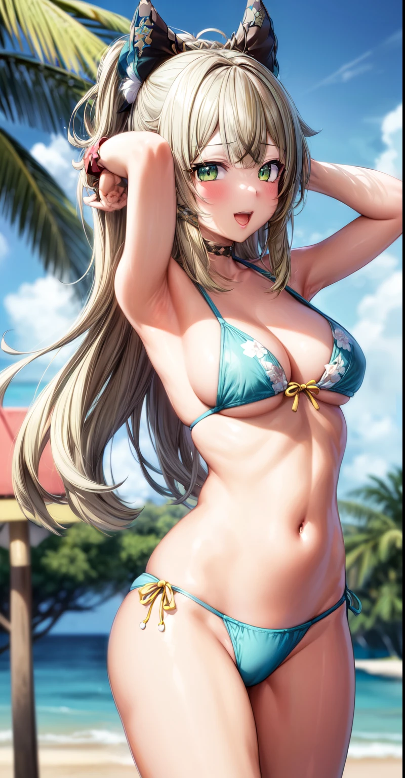 anime, Beautiful Face, Highly detailed face, (Highly detailed green eyes:1.2) , Highly detailed beach background, Best lighting, No Shadow, One girl, alone, Outdoor, Genshin Impact, Kirara, bangs, Beautiful long blonde hair, hair ornaments, Cat ear, Absurd, High resolution, Super sharp, 8k, masterpiece, View your viewers, blush, (Teasing Smile:1.2), break (Detailed sexy beach bikini:1.4), (Sexy pose:1.2), (Place your hands behind your head:1.35)、Nipples are visible、With legs apart、back、The swimsuit is off