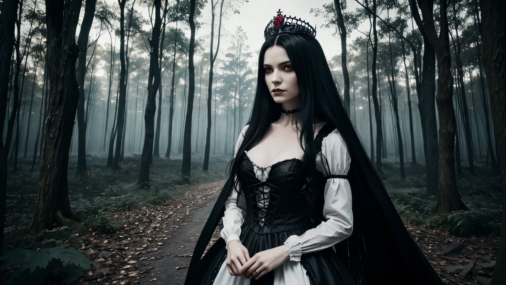 A witch , with powers of darkness , with long black hair, and red eyes, white gothic dress, in a forest with crows all around , a crown of bone,