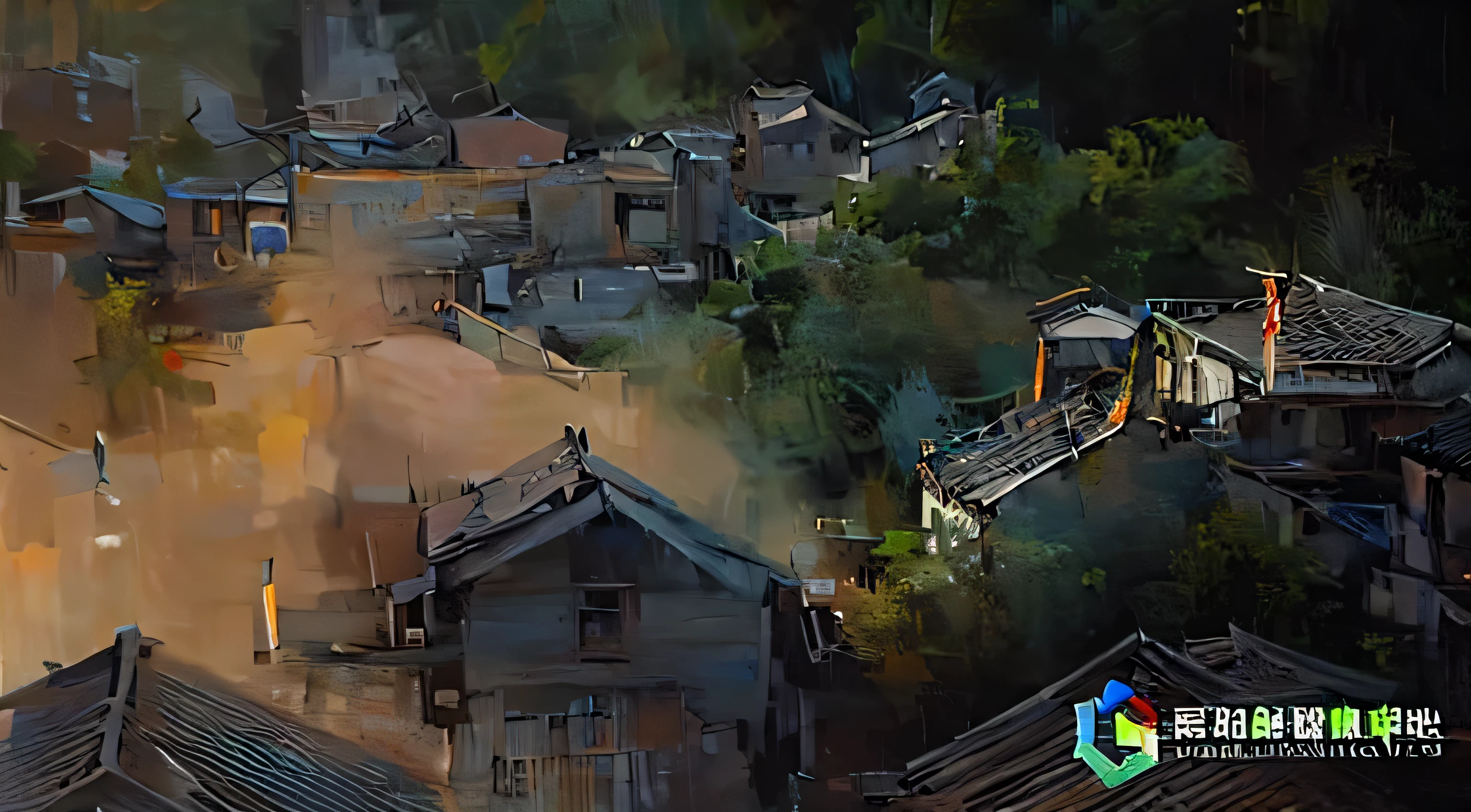 Arav view of the village,A lot of smoke came out, Backlight,Ancient buildings,China Village, Ancient Chinese Castle, Ultra-realistic visual effects rendering, Movie. Leng Jun, Dreamy Chinatown, village , Unreal Engine, Highly detailed VFX scenes, Ancient Asian village, amazing octane render,Oil painting art,Oil painting brush strokes,impressionism,