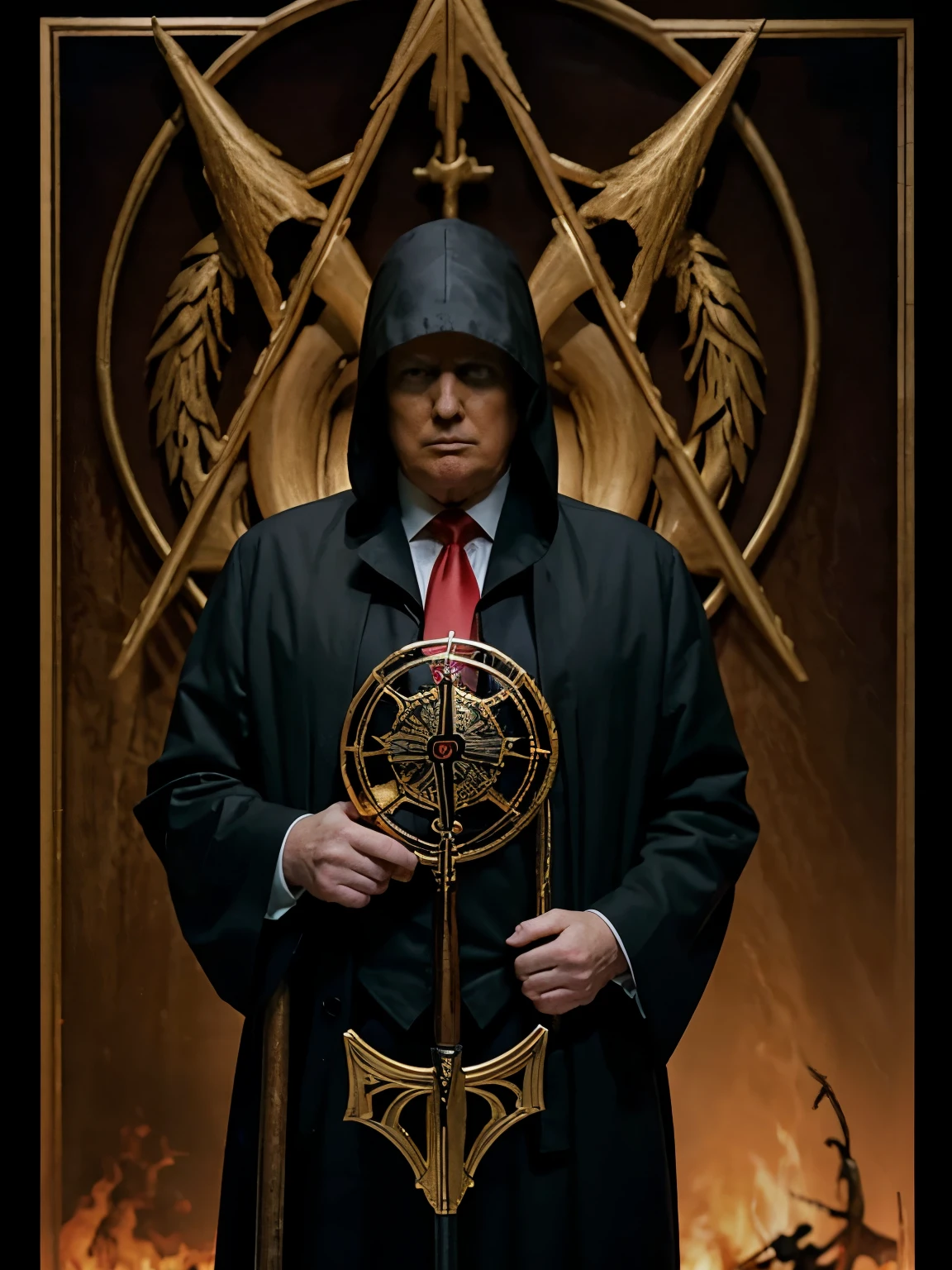 President Trump with the Major Arcana Grim Reaper　with  big scythe, Last Judgment man