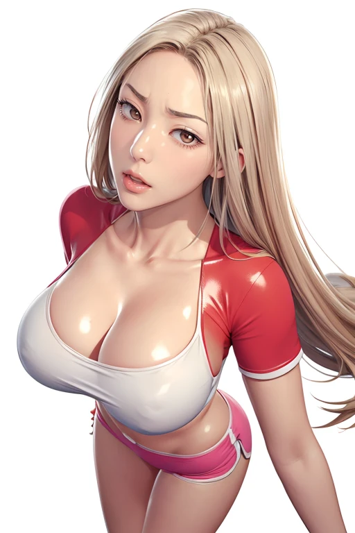 (((Perfect figure,figure,独奏, White and tender skin,(((cyberpunk,short sleeves, dolphin shorts, t-shirt, pink shorts, red shirt, , ))),(((MiaChadef, long hair, Long Straight blonde hair, brown eyeasterpiece)),high resolution, ((Best quality at best)),masterpiece,quality,Best quality,((( Exquisite facial features,Looking at the audience,There is light in the eyes,(((lol,Happy,))),))),(((Light and shadow,Huge breasts))),(((Looking at the camera,White background,Lying on the ground,Look up at the camera,from above,Overlooking))))