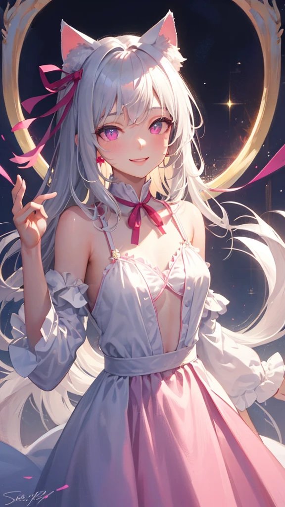 Juvenile , cute, silver long hair, dull hair, ponytail, blue eyes, looking at the light in both hands, a hint of laughter, fox ears, nine fox tails, white silk, high resolution, blush, heart-shaped pupils, heart-shaped, , cute, dripping face, sticking out tongue, lingerie, whole body  