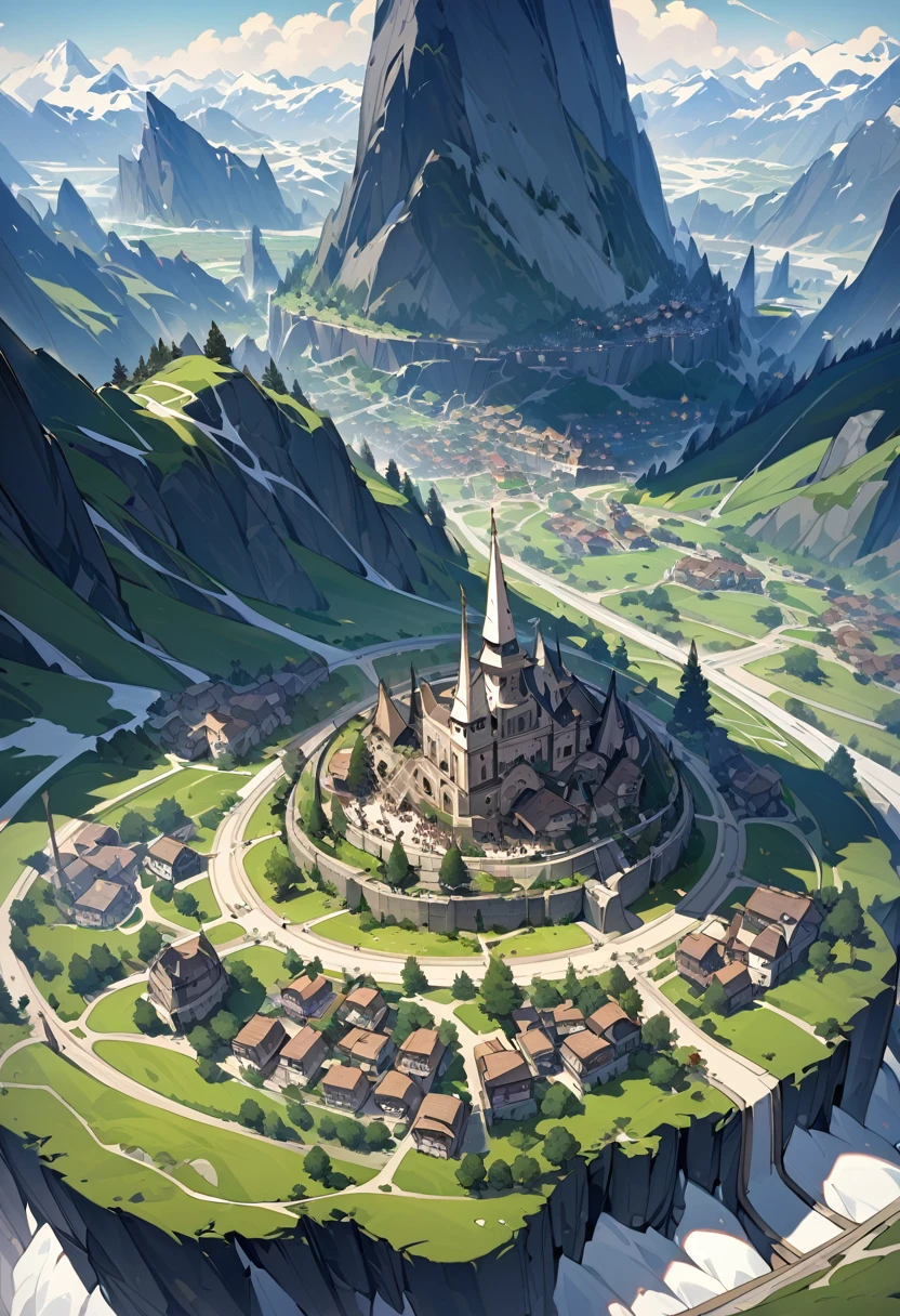 Landscape, top view vista, Lord of the Rings, Fort Horn is surrounded by high mountains, the valley in the center is a flat area, in which there are very large ancient European cities, densely packed with houses, with people coming and going in the streets, best quality, a masterpiece, cinematically lit, masterly