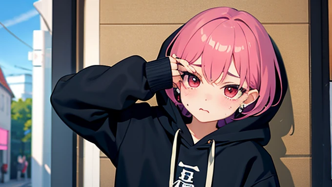 masterpiece、Highest quality、One girl、Upper Body、short hair、Hair with a single color、Vampire wind、Sad expression、blush、Close your mouth、Stylish earrings、Ring Accessories、Wear a hoodie、Put on the hood、Put your hands on your face、I can't see my hands、Spider Pattern Background