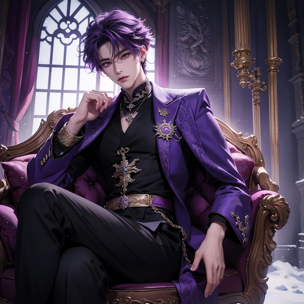purple hair, there is a man sitting on a snow king throne cross legs in a castle, sakimichan, cai xukun, inspired by Zhang Han, handsome anime pose, sakimichan frank franzzeta, delicate androgynous prince, beautiful androgynous prince, inspired by Yanjun Cheng, anime handsome man, (sfw) safe for work, black suit