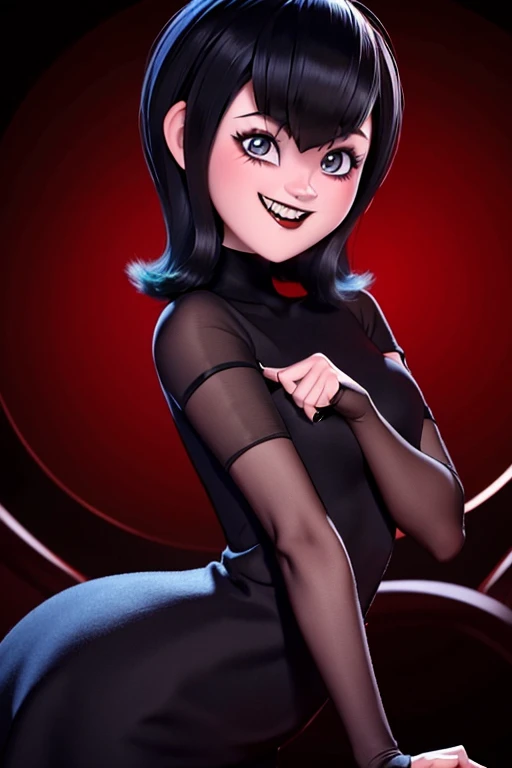 Mavis is a vampire of medium height with a youthful and attractive appearance.. he has pale skin, long black hair, and large, expressive bright red eyes. He usually dresses in a modern and colorful style, often in dresses or outfits that reflect their cheerful and energetic personality