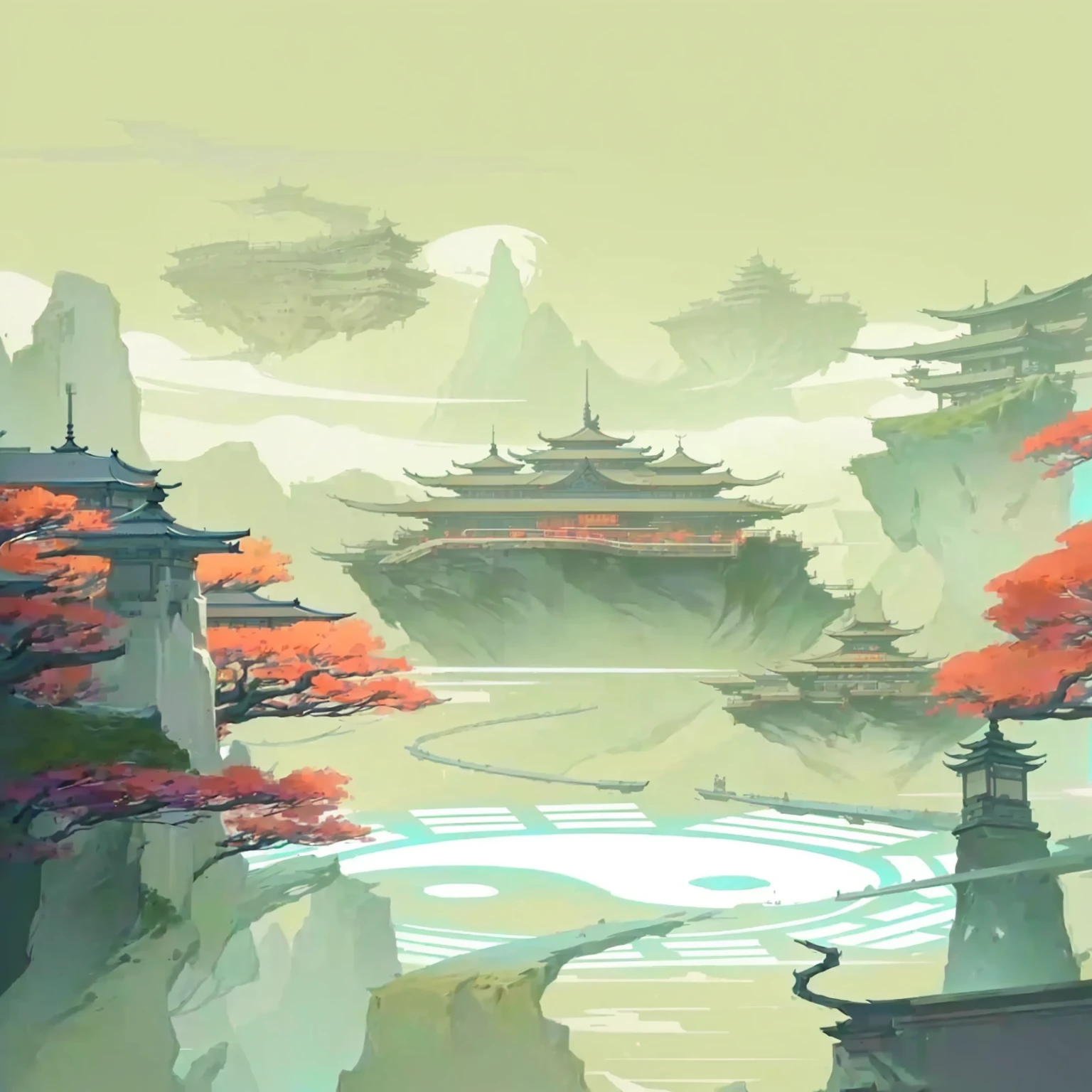 There is a beautiful landscape cartoon,There is a ship in the painting, Onmyoji detailed art, Ross Chen. Landscape background, background technology, Concept art style, Very coherent stylized artwork, G Liulian art style, Anime Landscape Concept Art, Duelist Style, Pagoda Figures, background technologywork, Draw as game concept art, anime background technology