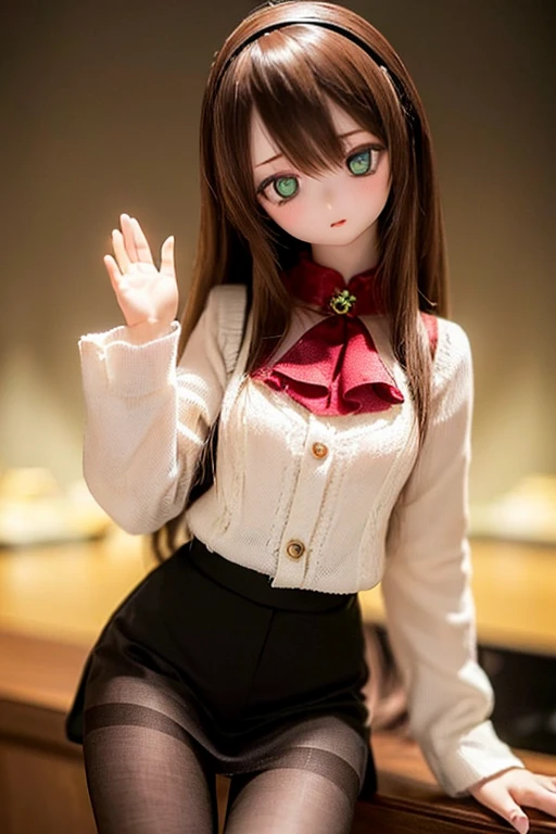 (SFW:2), photorealistic, realistic photo, 8k, ((highest quality)), ((masterpiece)), (extremely detailed), kukolnydom, doll, (mature woman, 21yo, 21 years old, solo:1.6), ((cowboy shot, head tilt, waving, slim, slender, skinny, medium breasts, hairband, ascot, vest, blouse, long puff sleeves, pleated skirt, black pantyhose)), (green eyes, brown hair, long hair, plastic skin, looking at another, glass eyes, gradient eyes, shining eyes, detailed eyes:1.3)