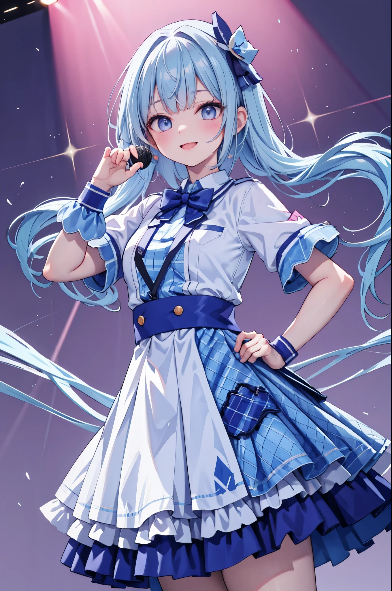high resolution,smile,woman,woman1人,adult,cute,Have one microphone, Light blue hair,BREAK, Light blue eyes,BREAK,Idol Uniform,BREAK,Facing forward,BREAK,Pink background,