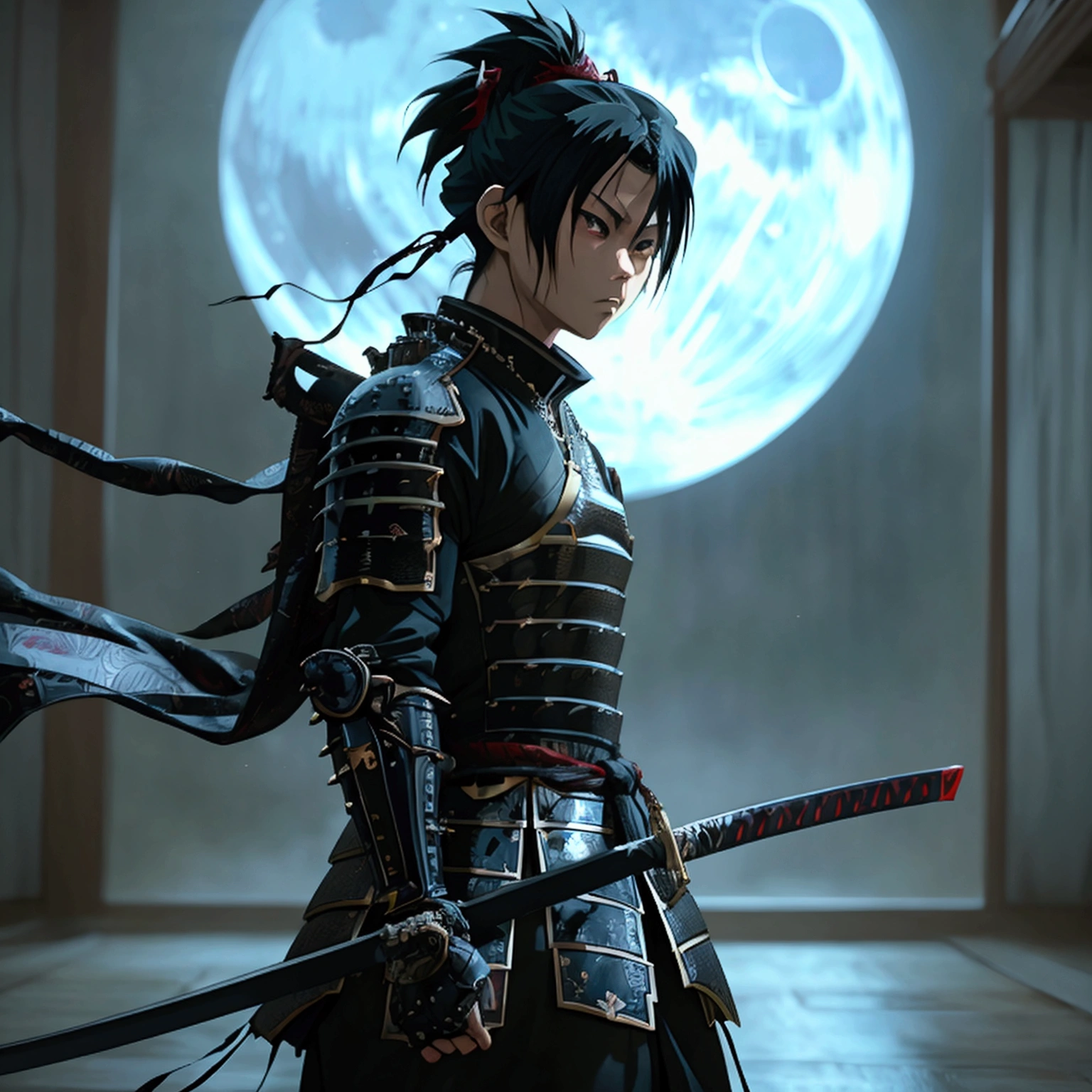 (Akira the Midnight Warrior:1.4), (anime style:1.4), fierce and determined expression, large expressive eyes, dynamic pose, detailed samurai armor, blending traditional Japanese elements with a modern twist, dark armor with deep blues, blacks, and silver accents, intricate patterns and nocturnal highlights, katana with a beautifully decorated hilt, flowing cape or scarf, moonlit night background, shadows and subtle details, evoking mystery and strength, vibrant colors, high-quality and detailed, reflecting unique and collectible NFT nature,(masterpiece:1.4, best quality), (photo realistic:1.4), ethereal and captivating, rich textures, dramatic lighting, dynamic composition