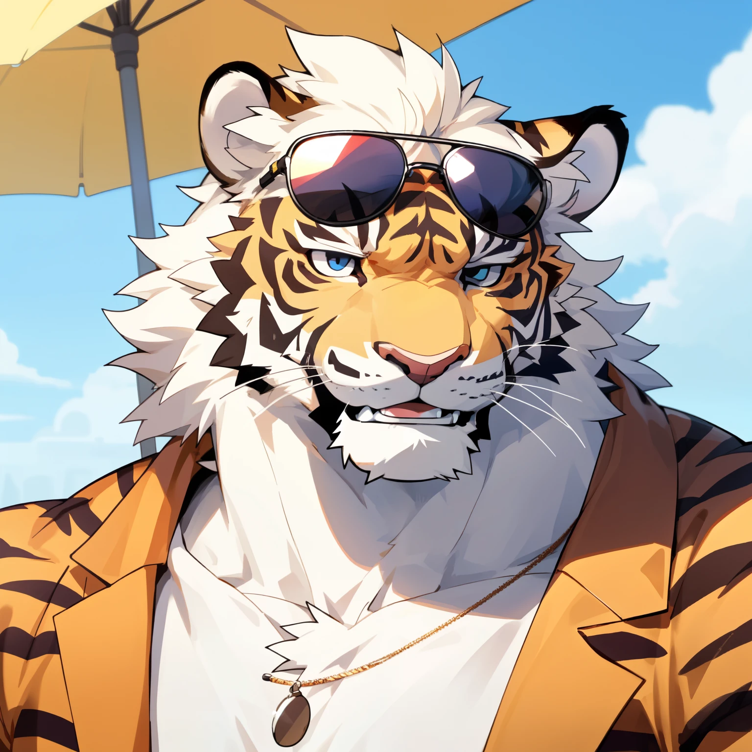 male, Furry tiger, charming, rich, Head only, rich, solitary,White fur,,Big sunglasses on head,Casual wear,Smile,Zoom in on facial details,Strong body