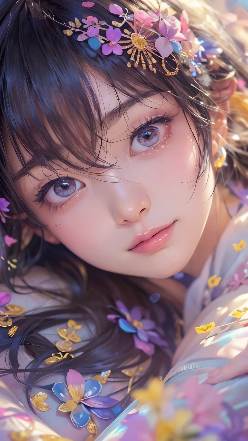 Portrait of a young woman in Japan、One Girl、18-year-old、alone、(The whole body is projected)、(See-through lingerie)、Shooting from above、Lying down、(Sleep on your back)、(Caressing the breasts with hands)、Beautiful and sexy、look up、Embarrassed face、Ecstatic expression、Beautiful Face、Detailed face、Long eyelashes, Short Bob、Black Hair、(Small breast skin、(Realistic)、Cinematic Light、Soft Light、Soft Focus、Bokeh、break(Colored feathers)、(Colorful flowers)、(Fractal Art)、(colorful)、metal ornaments、particle、Light、beautiful、Very detailed、(Blank Background)、(Abstract background)、(Highest quality, masterpiece, High resolution)、8k、wallpaper