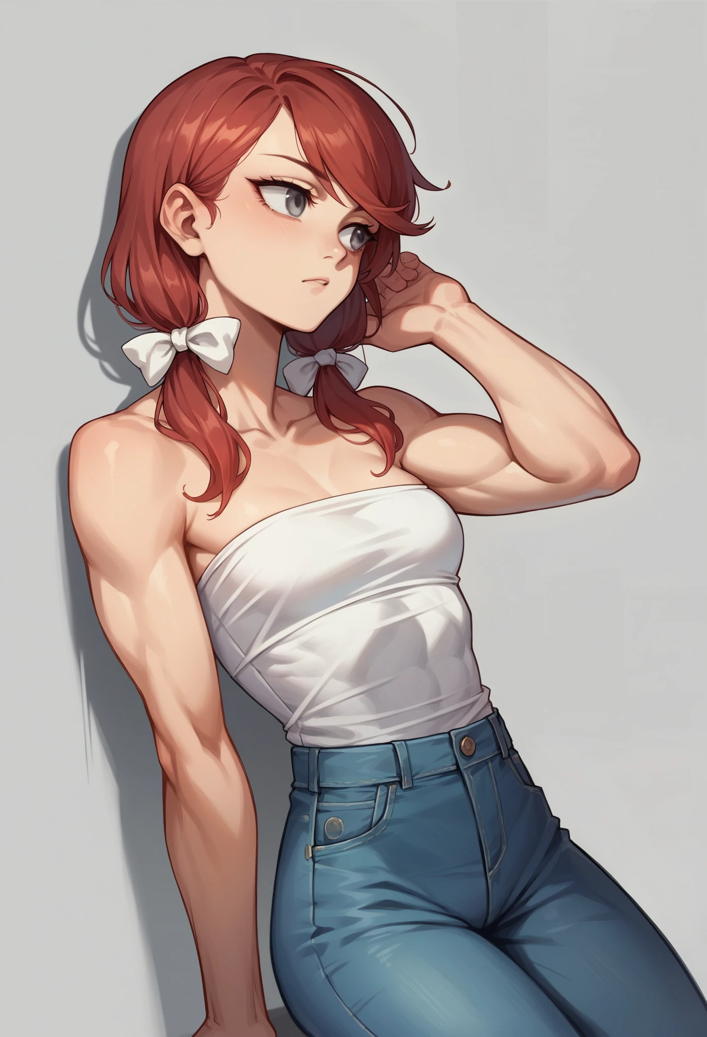 Male, boy, flat chested, femboy, short fluffy brown wavy hair that goes down to his chin, big soft brown eyes, pale skin, wide hips, plush ass, short denim shorts, loose fitting dark blue crop top, medium thick eyebrows, long lashes, bangs that that go down to his eyes, parting at each eye, no mucle defintion at all, flat stomach