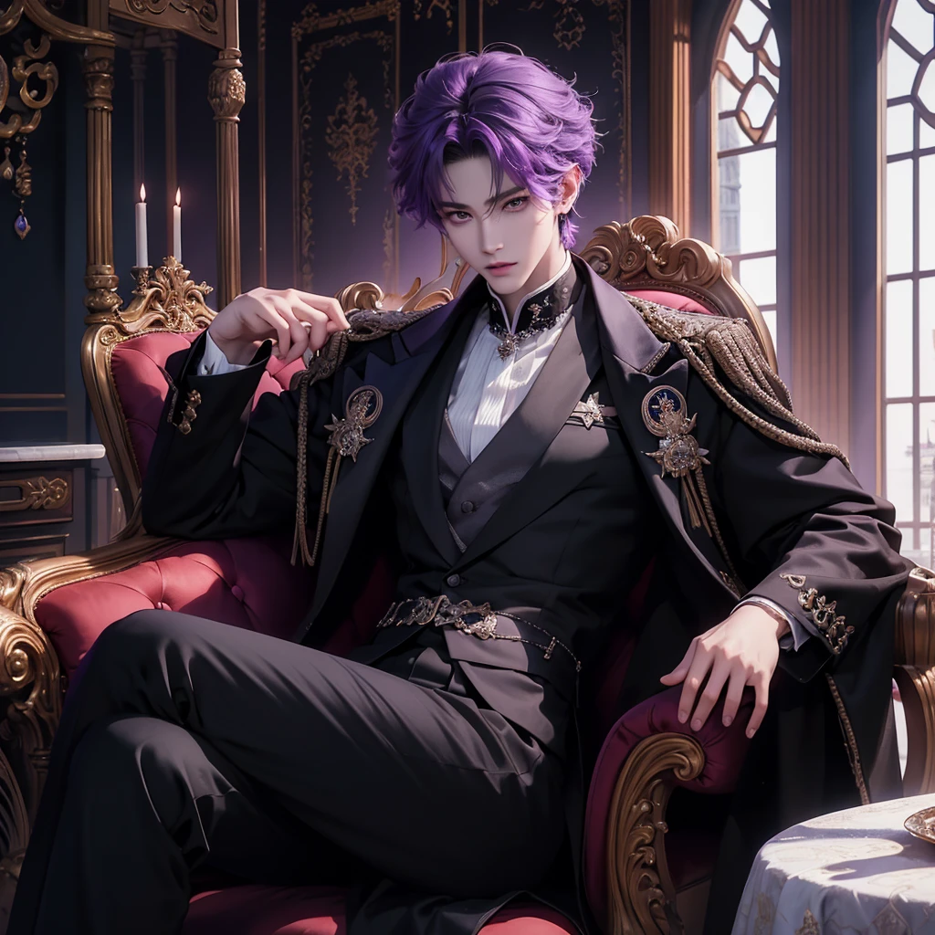 purple hair, there is a man sitting on a snow king throne cross legs in a castle, sakimichan, cai xukun, inspired by Zhang Han, handsome anime pose, sakimichan frank franzzeta, delicate androgynous prince, beautiful androgynous prince, inspired by Yanjun Cheng, anime handsome man, (sfw) safe for work, black suit