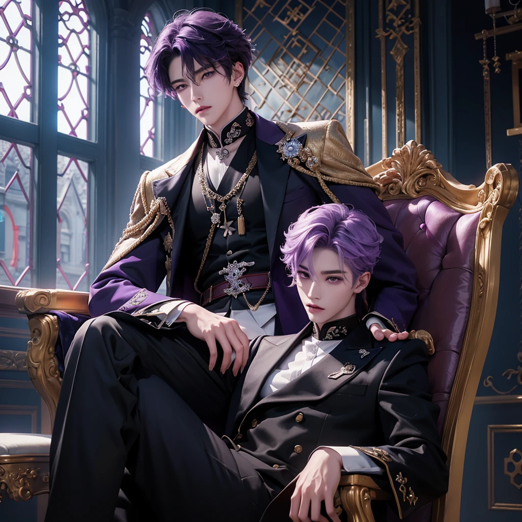purple hair, there is a man sitting on a snow king throne cross legs in a castle, sakimichan, cai xukun, inspired by Zhang Han, handsome anime pose, sakimichan frank franzzeta, delicate androgynous prince, beautiful androgynous prince, inspired by Yanjun Cheng, anime handsome man, (sfw) safe for work, black suit