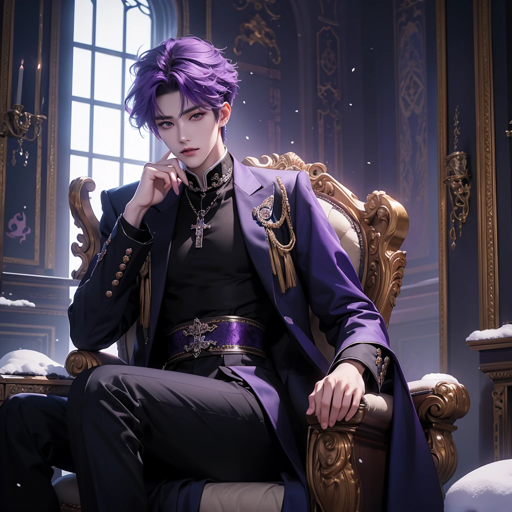 purple hair, there is a man sitting on a snow king throne cross legs in a castle, sakimichan, cai xukun, inspired by Zhang Han, handsome anime pose, sakimichan frank franzzeta, delicate androgynous prince, beautiful androgynous prince, inspired by Yanjun Cheng, anime handsome man, (sfw) safe for work, black suit