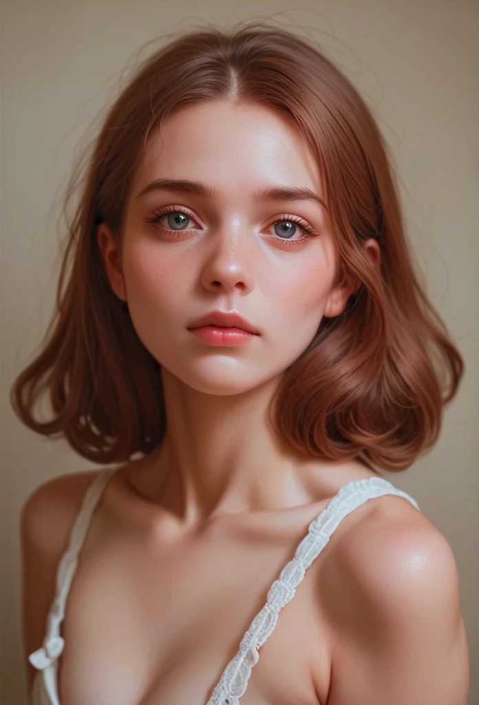 1 girl, detailed beautiful blue eyes, light skin, blushing, breasts, back view, t-shirt, intricate details, photorealistic, cinematic lighting, warm tones, masterpiece, 8k, hyper detailed