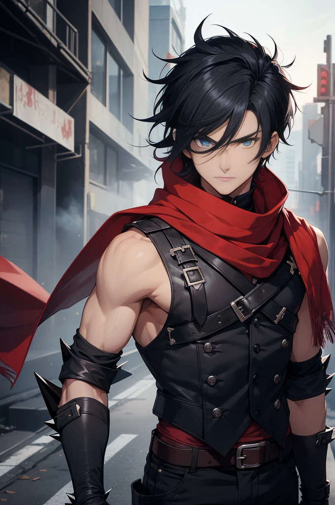 (26 years old), (male), Black hair, (Blue eyes), (Spiky hair, bang), red scarf, red vest, sleeveless, black pants, black gloves, slim, up to legs