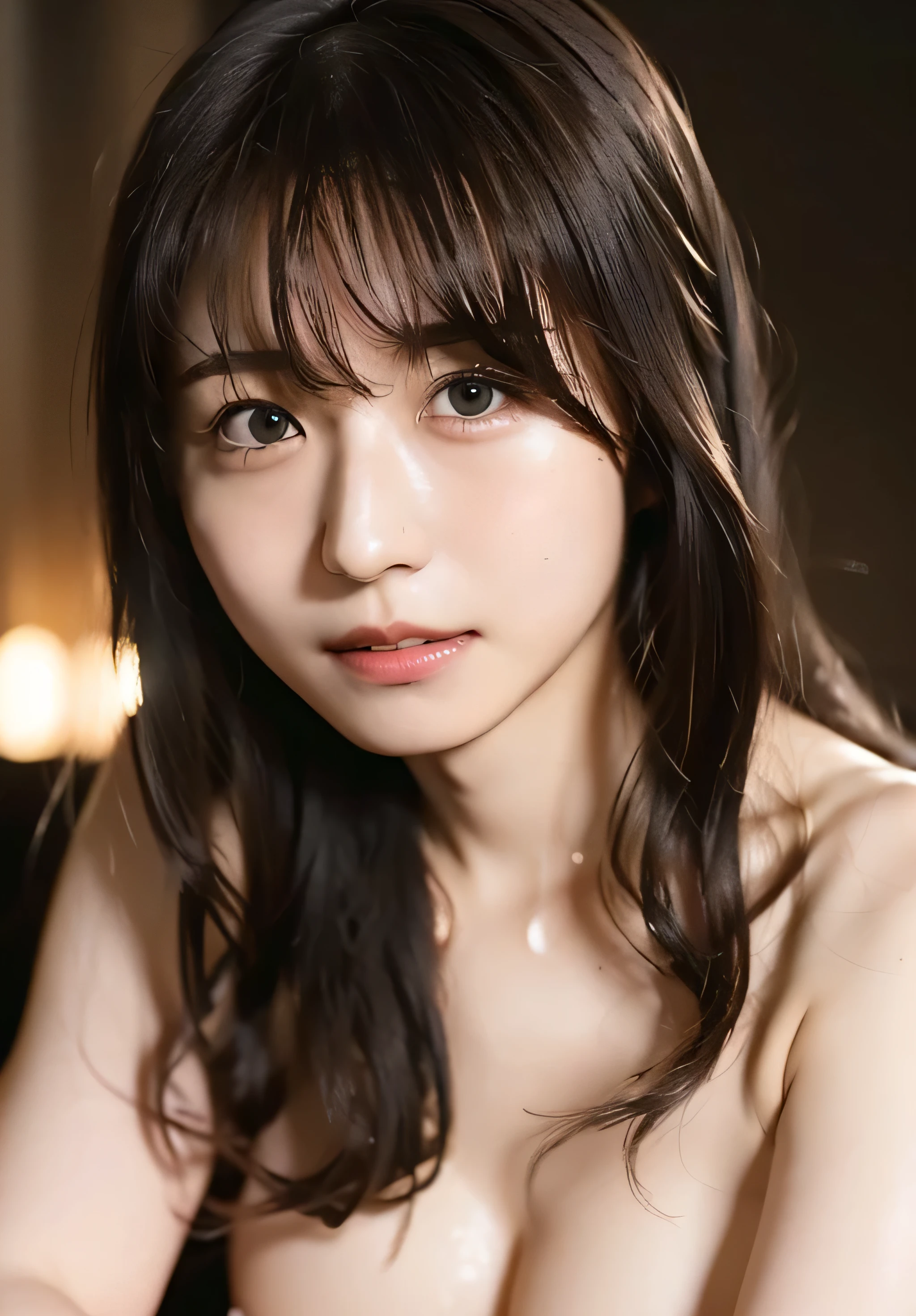 1 Japanese girl,(Drenched in sweat、Fluffy hair、In the dark、Indirectly lit bedroom、smileで、Cream colored hair、Greasy skin、greasy hair、Shiny body、Strong lighting、Curved waist、Big Breasts、Full nudity:1.4), (RAW Photos, Highest quality), (Realistic, Realistic:1.4), Tabletop, Very delicate and beautiful, Very detailed, 8k wallpaper, wonderful, In detail, Very detailedなCG Unity, High resolution, Soft Light, Beautiful details 19 years old, Very detailedな目と顔, Beautiful and sophisticated nose, Beautiful details,Cinema Lighting,Perfect Anatomy,Slender body,smile (Asymmetrical bangs,)