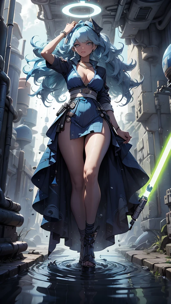 Jedi, Lightsaber, Tight tunics, legs, alien, curve, serious, Blue lightsaber, (Best quality)+, Masterpiece+Length of blue hair to the middle of the back, with a necklace and a blue dress and white, a halo of water over the head, Scales visible on the body and face, NSFW,pele ultra-realista,T-POSE, A-POSE,MODEL SHEET, 3d style