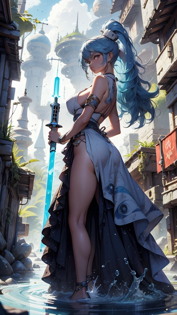 Jedi, Lightsaber, Tight tunics, legs, alien, curve, serious, Blue lightsaber, (Best quality)+, Masterpiece+Length of blue hair to the middle of the back, with a necklace and a blue dress and white, a halo of water over the head, Scales visible on the body and face, NSFW,pele ultra-realista,T-POSE, A-POSE,MODEL SHEET, 3d style