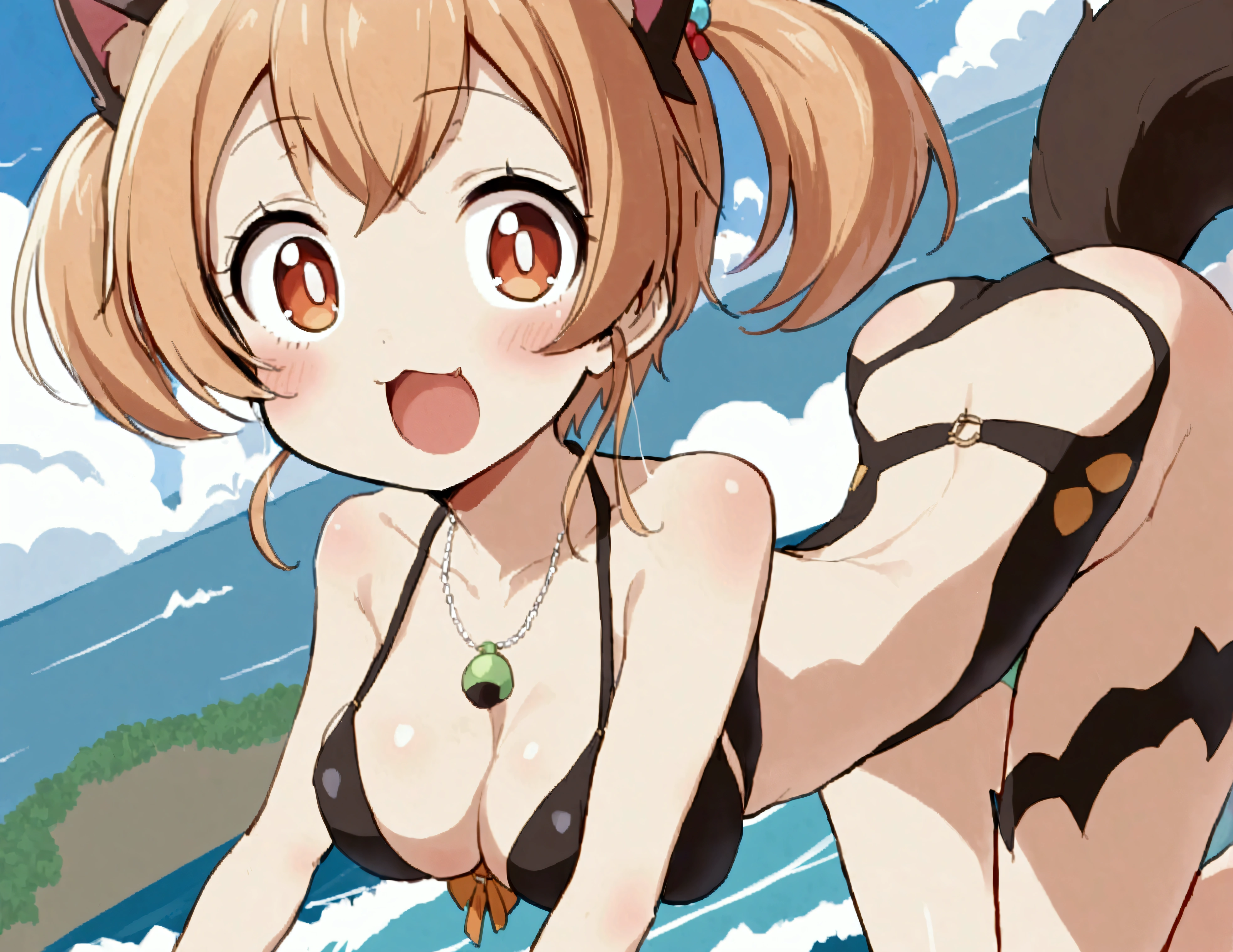 (Xiaorou SeeU, age 20, is an adorable sexy cat woman, big eyes, cute swimsuit, fluffy tail), she is surfing on small waves, super cute, so excited, show her from head to toe, hawaii