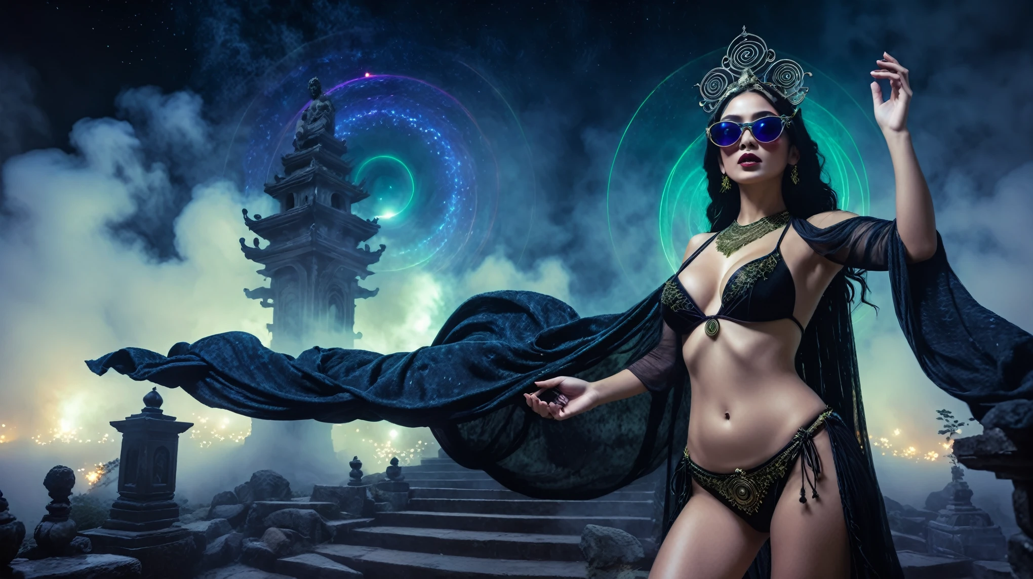 At night, aerial view of a mysterial outdoor altar, horror dark statue, a vortex cascading energy gateway in the distance with a tall staircase to cosmos heaven, atmospheric fog, Matrix style, (1girl, solo), large-breast:1.3 D-cup slim body, cleavage:1.3, belly dancer costume, (mini VR sunglasses), ((holding a laser pistol)), standing, half-body thigh level medium shot, depth of field, cinematic lighting, ray tracing.