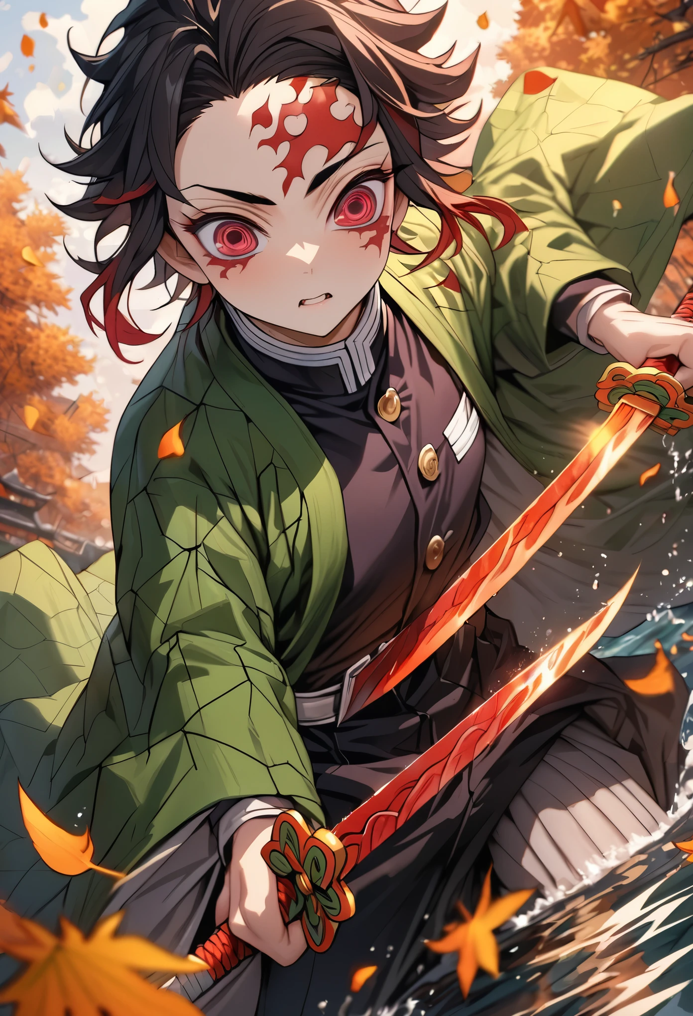 Super detailed, High resolution, Absurd, High resolution, masterpiece, tanjiro kamado, Burgundy tip、Wavy black hair, Expressive dark red eyes, Kimetsu no Yaiba, water, autumn, petal, Orange and yellow leaves, Sexy man, alone, good looking, Demon Slayer uniform, Green haori, Highest quality, Red spots on the forehead, Holding a sword, Fire knives, Fight, amazing