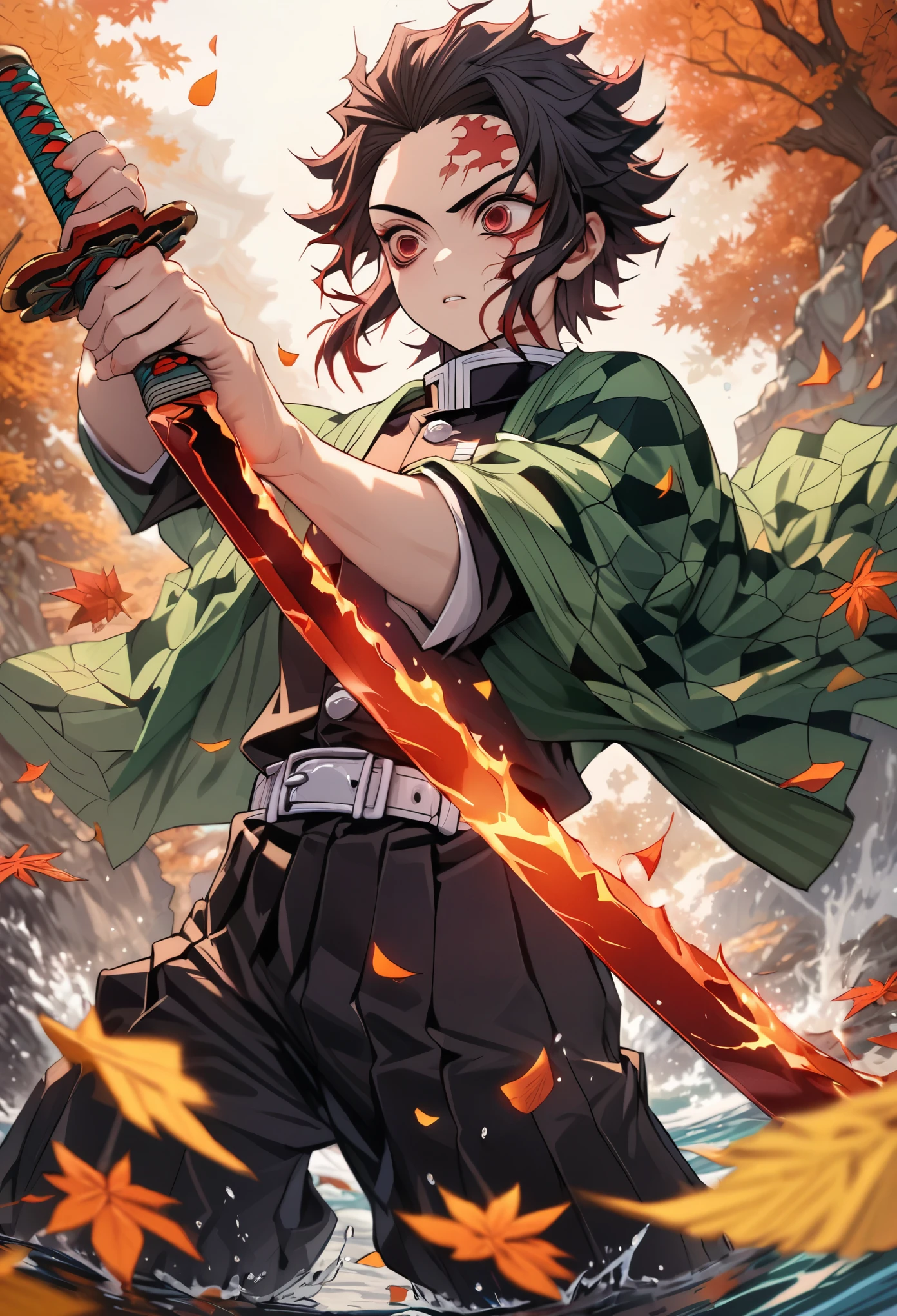 Super detailed, High resolution, Absurd, High resolution, masterpiece, tanjiro kamado, Burgundy tip、Wavy black hair, Expressive dark red eyes, Kimetsu no Yaiba, water, autumn, petal, Orange and yellow leaves, y man, alone, good looking, Demon Slayer uniform, Green haori, Highest quality, Red spots on the forehead, Holding a sword, Fire knives, Fight, amazing