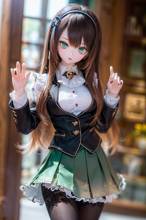 (SFW:2), photorealistic, realistic photo, 8k, ((highest quality)), ((masterpiece)), (extremely detailed), kukolnydom, doll, (mature woman, 21yo, 21 years old, solo:1.6), ((cowboy shot, head tilt, waving, slim, slender, skinny, medium breasts, hairband, ascot, vest, blouse, long puff sleeves, pleated skirt, black pantyhose)), (green eyes, brown hair, long hair, plastic skin, looking at another, glass eyes, gradient eyes, shining eyes, detailed eyes:1.3)