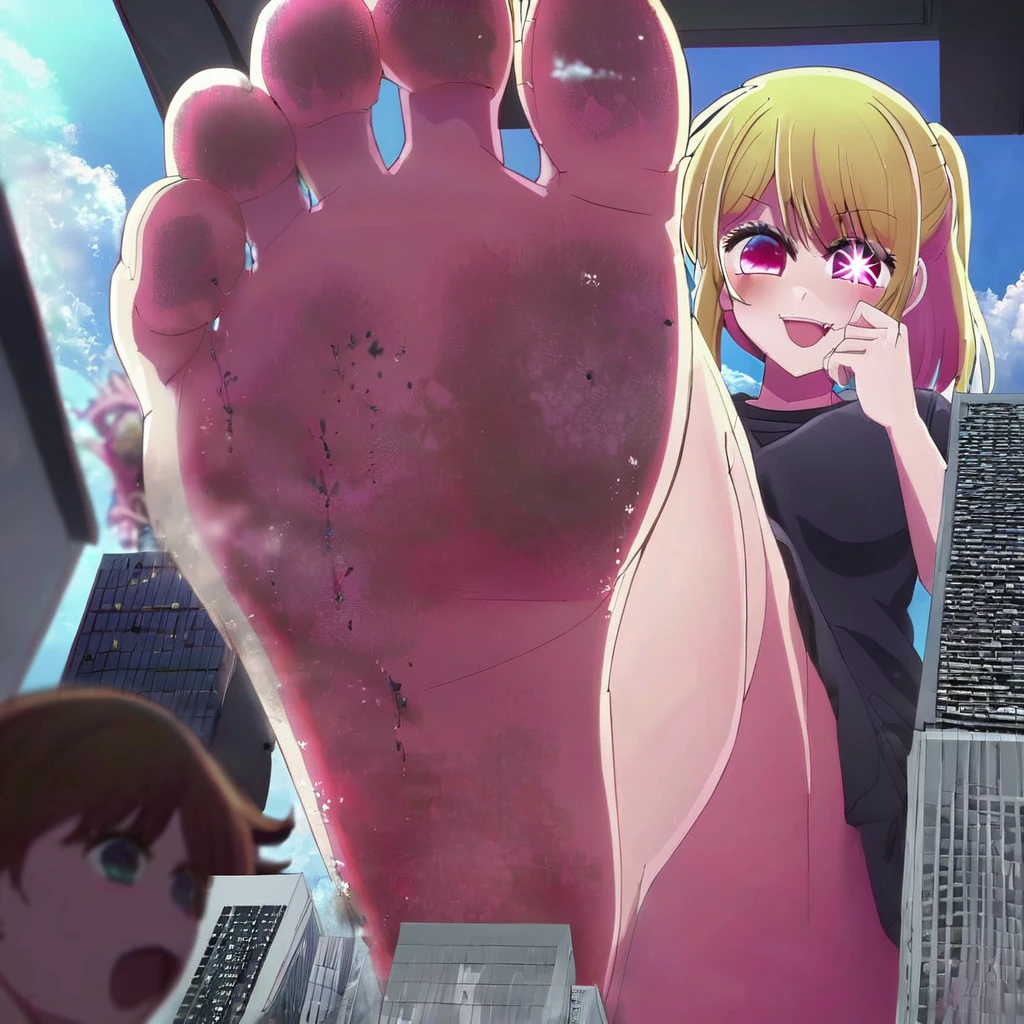 1 girl, oshi no ko, ruby hoshino, stepping, stepped on, pov, angle from above, no shoes, feet, looking down, toes, one foot out of frame, leg lift, foot focus, barefoot, standing on one leg, depth of field, outdoors,( foreshortening:1.2), facial blur, blurry face, building, sky, cloud, giantess, mega size, masterpiece, best quality, absurdres, ultra detailed, laughing, blonde, evil sadistic yandere glare, 6 pointed star pupil on right eye, five toes, detailed star pupil, full body shown, stinky feet, extremely dirty feet, detailed dirty feet, detailed full body, crushing the city with bare foot, city, a panel of her laughing at the side, 5 toes only, high quality, not out of frame, detailed eyes, the shape of a perfect foot, the shape of perfect legs, perfect body shape, 5 fingers, comic, detailed comic, detailed mouth, perfect eyes, perfect eyebrows, five tiny people stuck on her feet, five tiny people tied to her feet, city being destroyed, detailed city, high resolution, detailed tiny people, zoomed out