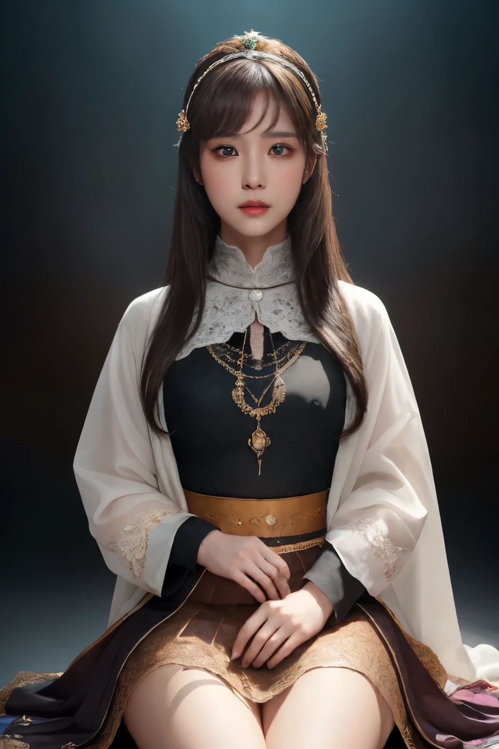 1 Girl, Solitary, whole body,Meticulous and realistic, Reality, The face is rich in detail, Beautiful and delicate eyes, Beautiful and delicate lips, Extremely detailed eyes and face, Long eyelashes, Brown hair, sit, Looking at the audience, Transparent clothing, Long hair, Black headdress, skirt, jacket, Brown eyes, Bangs, Intricate details, light, Dramatic shadows, Vibrant colors, fine, The art of math, Concept Art, Surrealism, 8K, best quality