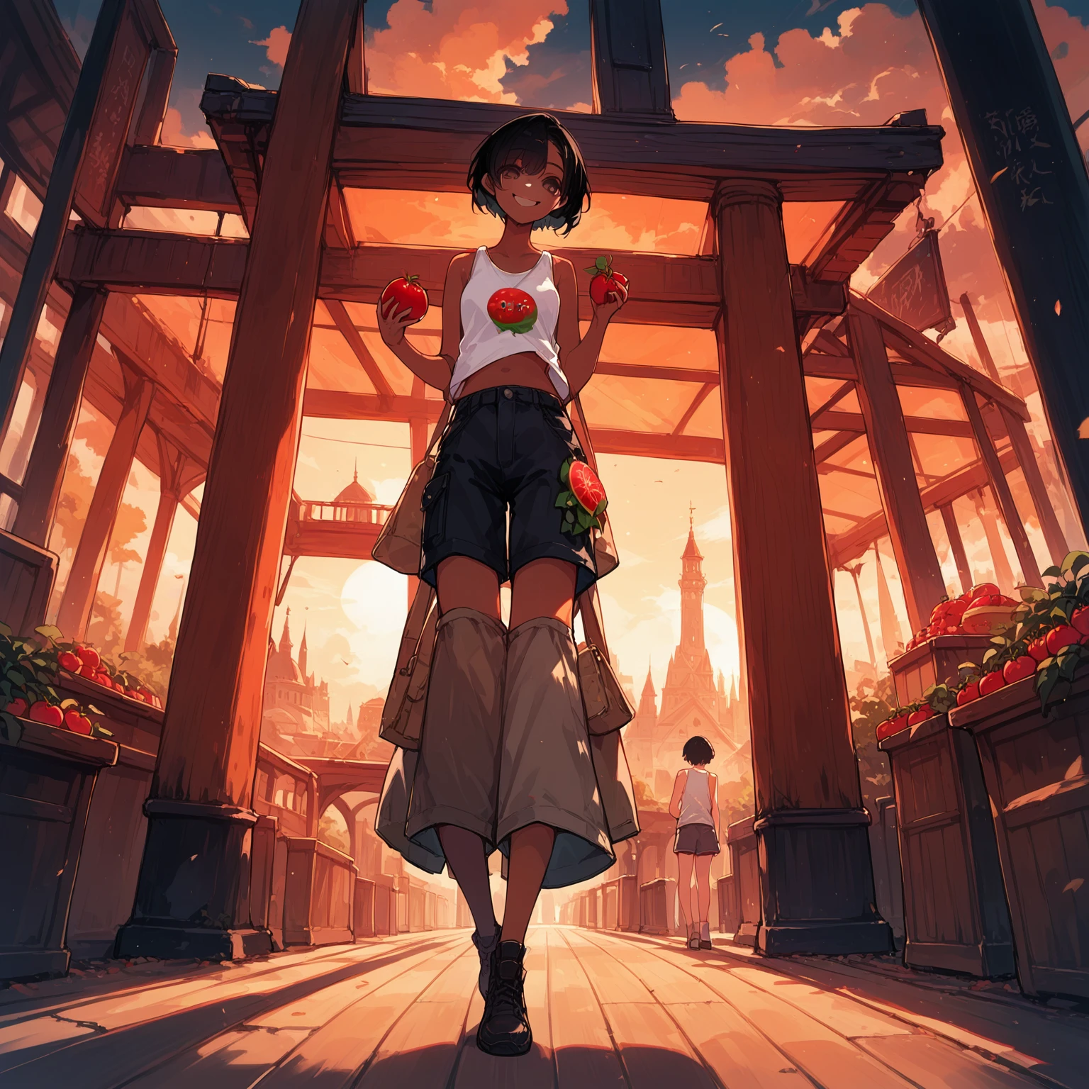 score_9, score_8_up, score_7_up, source_anime, high res image, masterpiece, best quality, 1 girl, Brown skin, shiny hair, ultra detailed eyes, eye highlights, short hair, black hair, brown eyes, white tank top, short shorts, smile,face focus、 (eating tomato:1.1), holding tomato with both hands, ocean