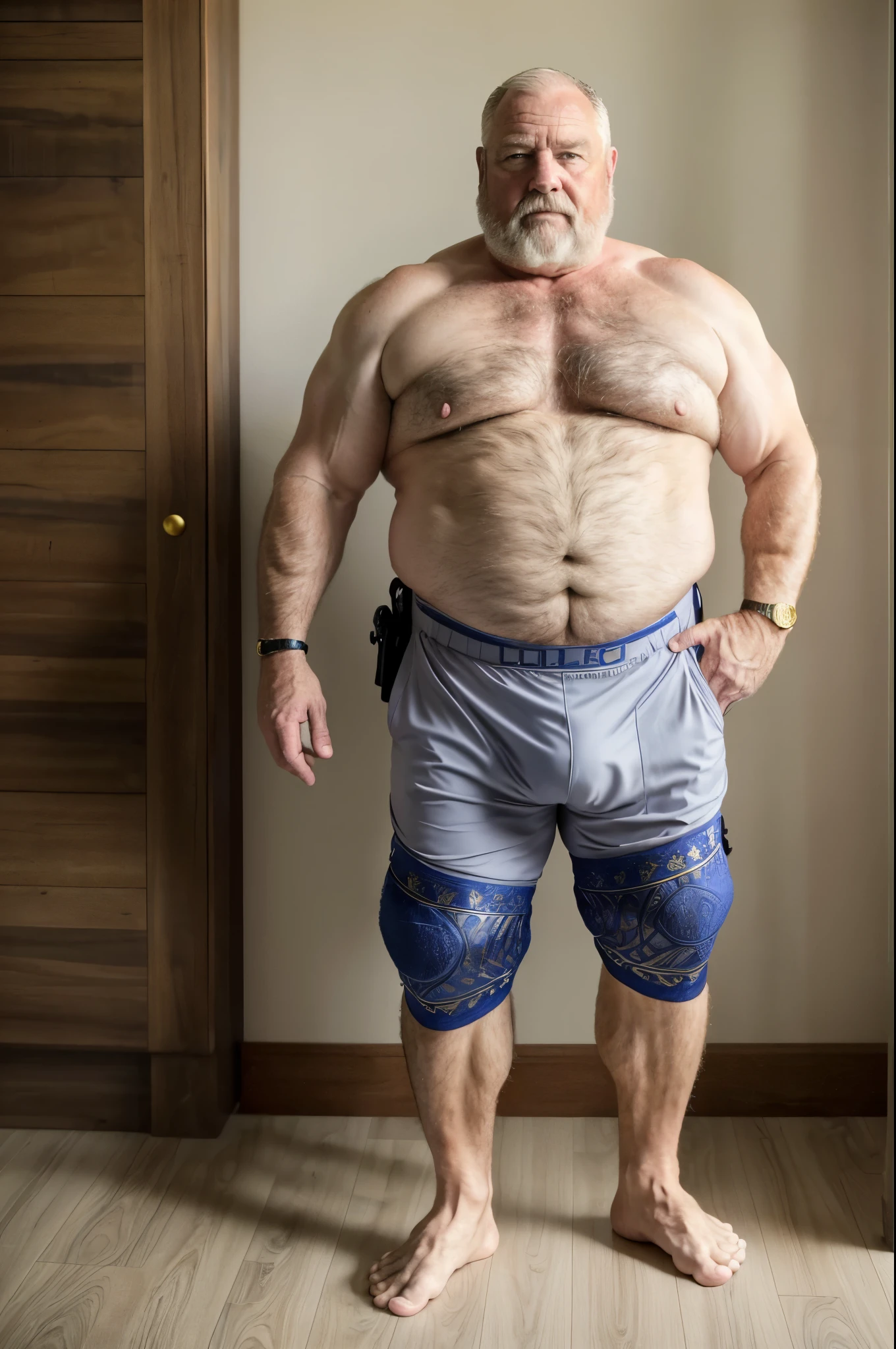 full body portrait, mature old man, silverdad, grandpa, virile, tough, stocky, fat, massive feet, (hairy), bulging dickprint, barefoot, standing, intricate details, british, blushed, ginger, blue eyes, pale skin, micro thong lingerie, penis bulge, gold jewelry, ((police uniform))